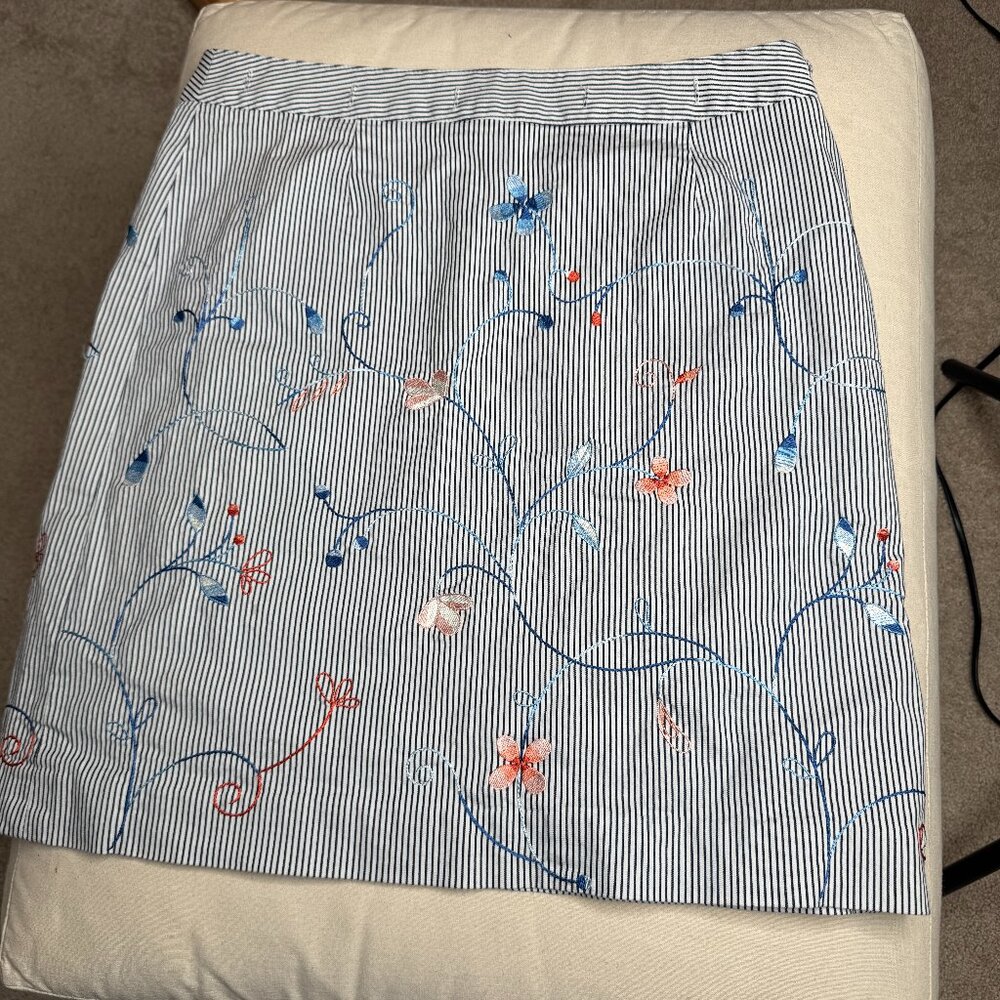 Talbots Skirt Blue White Striped Embroidered Flowers Stretch Cotton Size 12